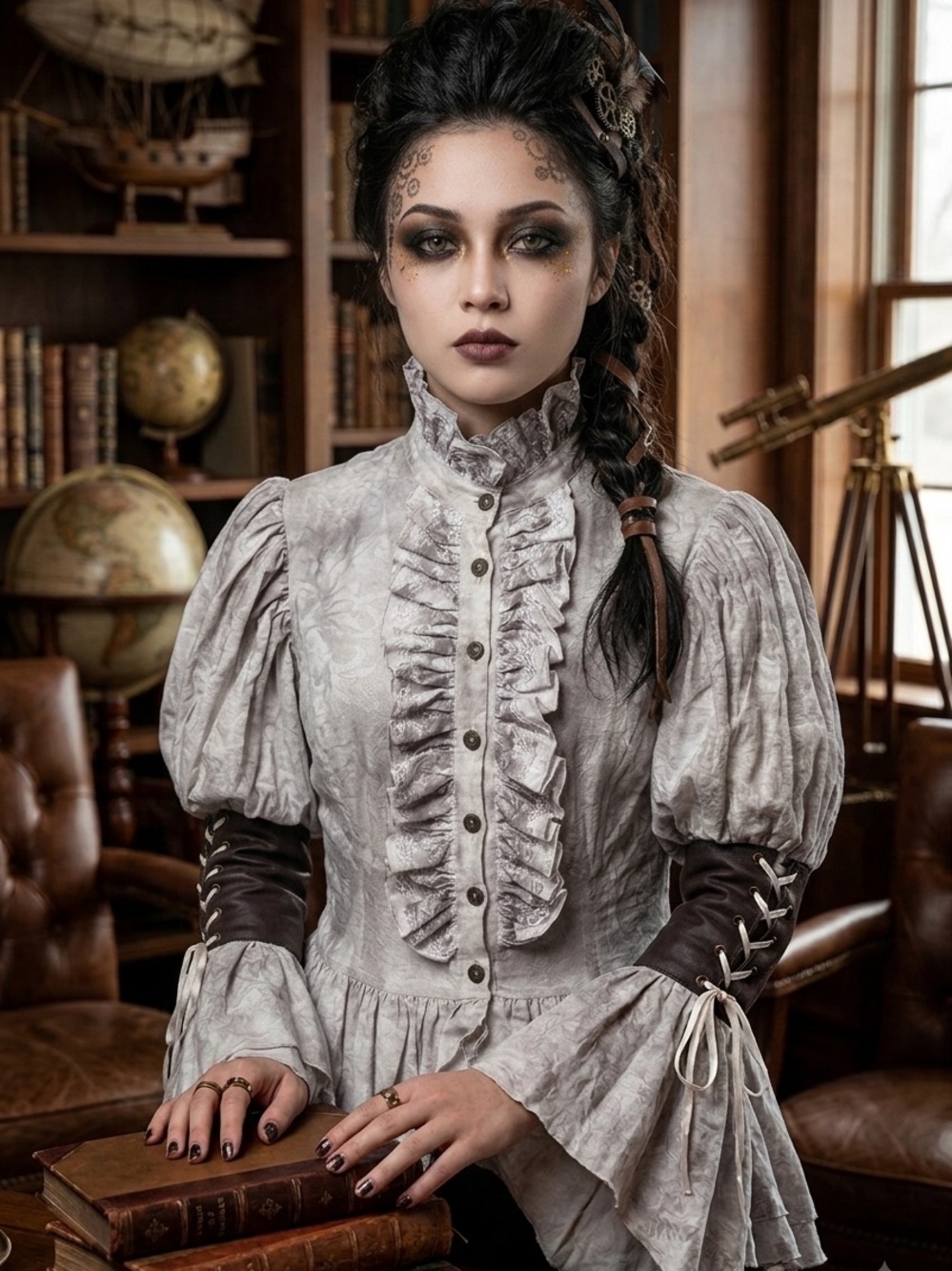 Victorian-Inspired Ruffled High-Collar Blouse in Light Gray